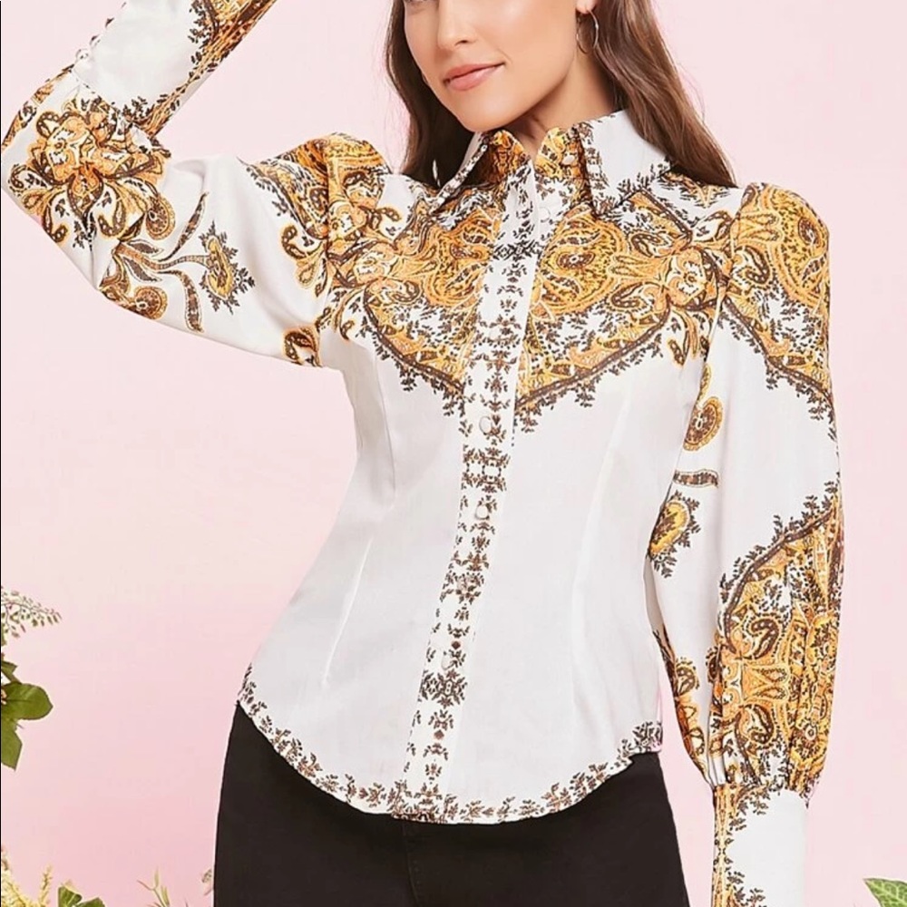SHEIN White and Gold Paisley Button Down Shirt
